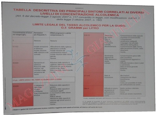 TABELLA DESCRITTIVA DEI PRINCIPALI SINTOMI CORRELATI AI DIVERSI LIVELLI DI CONCENTRAZIONE ALCOLEMICA E9206